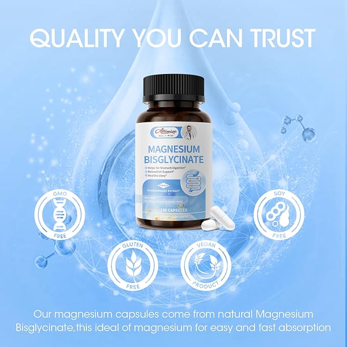 Magnesium Bisglycinate 100% Chelate, Maximum Absorbable Magnesium Glycinate Supplement for Restful Sleep, Energy Muscle Bone Support Non-GMO, Gluten-Free - 180 Capsules