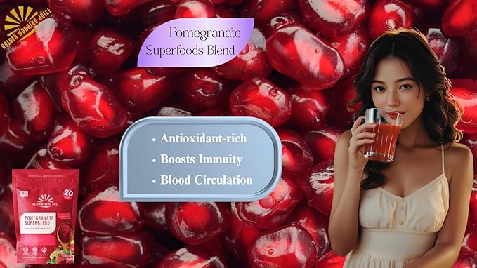 Pomegranate Superblend 100% Freeze Dried Powder Juice, Pomegranate, Avocado, Kale, Beets, Banana, Monk Fruit, No Sugar added.
