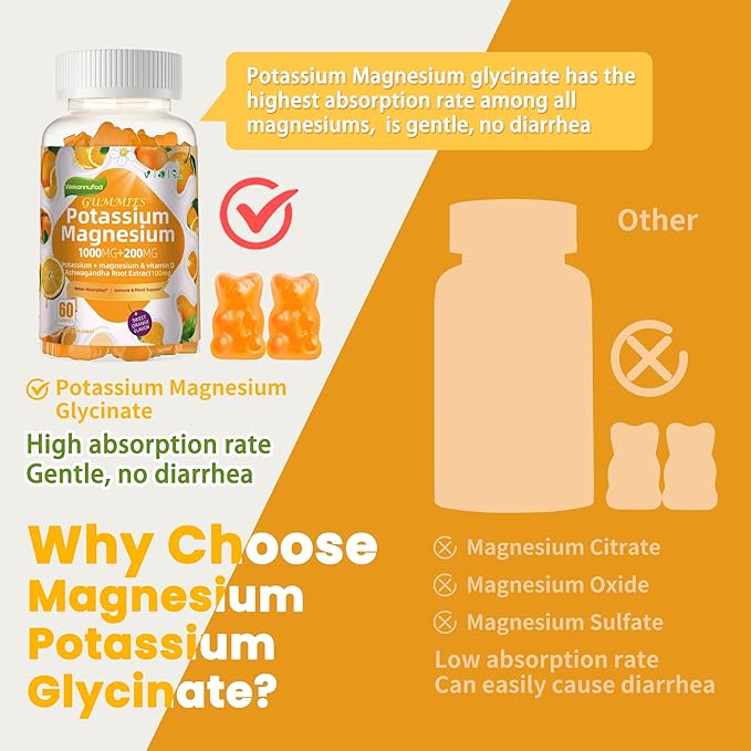 Potassium Magnesium Gummies,High Absorption Magnesium Glycinate,B6,D3,Potassium Citrate for Leg Cramps,Muscle,Electroyte for Adults Kids,Sugar-Free, 120 Gummies (Sweet Orange Flavor)