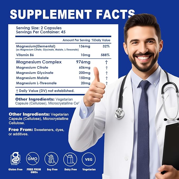 Magnesium Complex 976mg from Magnesium Glycinate, Citrate, Malate & L-Threonate | High Absorption | Chelated Magnesium Supplement | 90 Vegan Capsules, Non-GMO