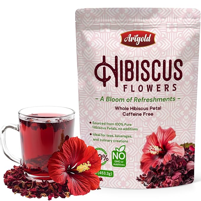 Arigold Pure Whole Petals Hibiscus Tea 1lb ā Organic Dried Hibiscus Flowers,Flor de Jamaica, Hibiscus Sabdariffa, Bissap, Sorrel, hibiscus tea loose leaf Herbal Tea for Agua Fresca, Cocktails, Iced Tea & Hot Tea | Caffeine-Free & Rich in Antioxidants.