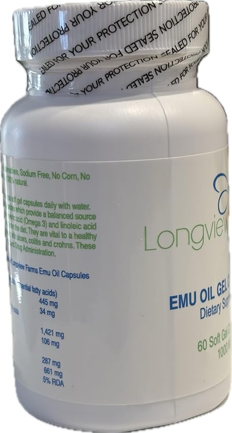 Longview Farms® Emu Oil Gel Capsules | 100% Pure Emu Oil for Skin Health, Mobility, and General Wellness | Natural Omega 3, 6, 9, and Essential Vitamins | 60 Capsules