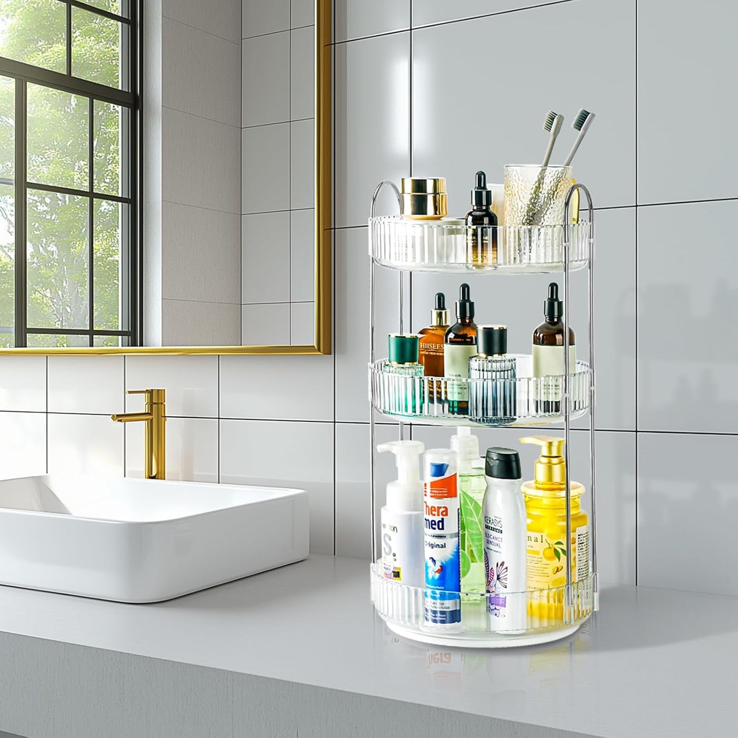 360 Rotating Makeup Organizer, 3 Tier Large Capacity Lazy Susan Bathroom Counter Organizer, Skincare Organizers, Spinning Perfume Organizer & Vanity Organizer Countertop (Silver Clear, 3 Tier)