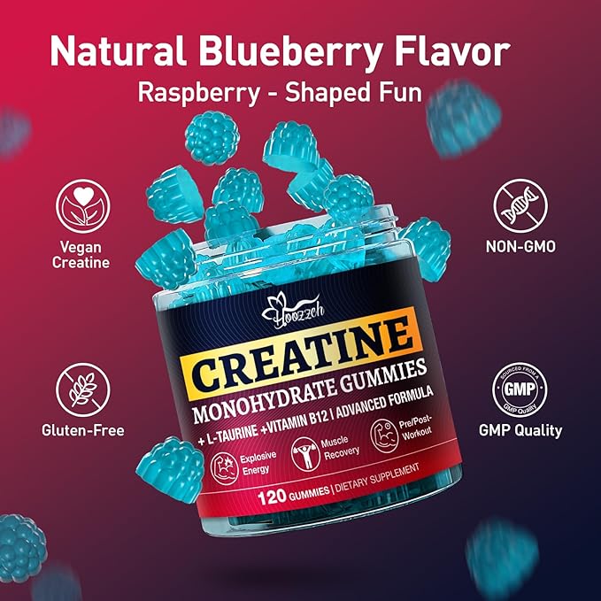 Creatine Monohydrate Gummies for Men & Women, Creatine Supplement, Chewables Creatine Gummy for Energy & Strength Support, Gluten-Free, Blueberry Flavor, 120 Count