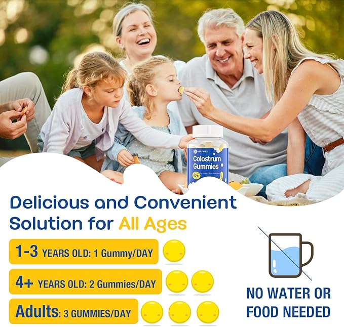 Bovine Colostrum Supplement Gummies - with 60% Highest IgG, Lactoferrin, Probiotics and Prebiotics for Adults and Kids, Vanilla Flavor & Sugar Free, 90 Gummies