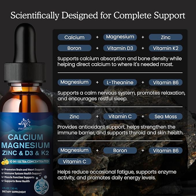 (1 Pack) Magnesium Calcium Zinc Supplement with Vitamin D3 K2 for Women, Magnesium Glycinate Vegan Liquid Drops for Adult Plus L-Theanine Boron Sea Moss Extract, Bone, Sleep & Leg Cramps, 1 Fl Oz