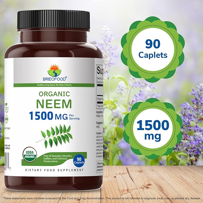 Brieofood Organic Neem 1500mg, 45 Servings, Vegetarian, Gluten Free, 90 Vegetarian Tablets