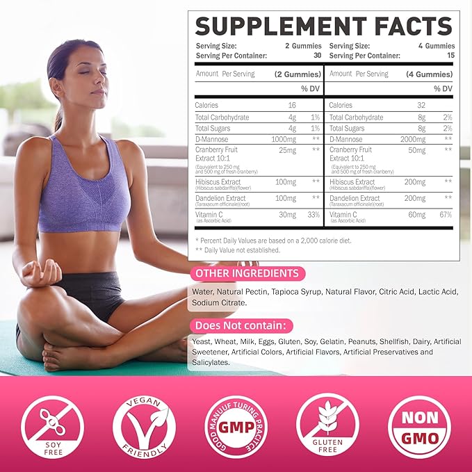 D-Mannose Gummies 2000mg with Cranberry 500mg & Hibiscus - D Mannose Chewable Supplements for Women - Liver, Bladder Flush & Urinary Tract Cleanse Health Supplement - 120 Count
