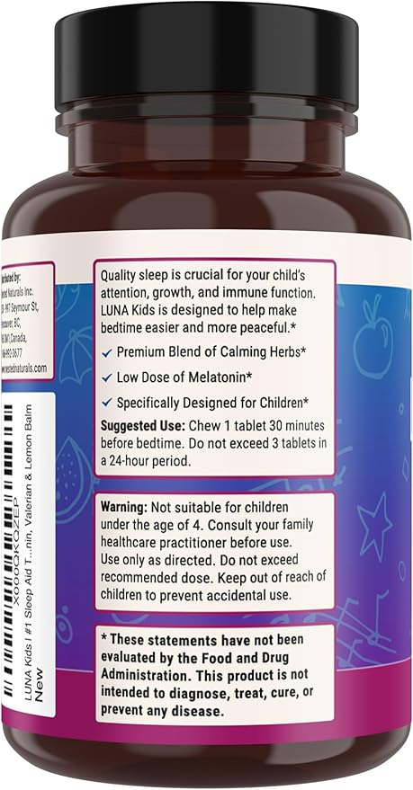Nested Naturals Luna Kids Sleep Aid Tablets for Children 4+ - Naturally Sourced Ingredients - Gentle, Herbal Supplement with Chamomile, Melatonin, Valerian & Lemon Balm - 120 Chewable Tablets