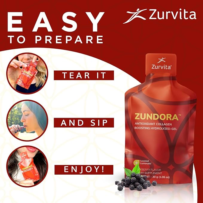 Zurvita - Zundora Collagen - Hydrolyzed-Gel for Healthy Hair, Skin & Nails - Beauty Boost with Verisol - BlackBerry Flavor - Travel Size - 30 Servings