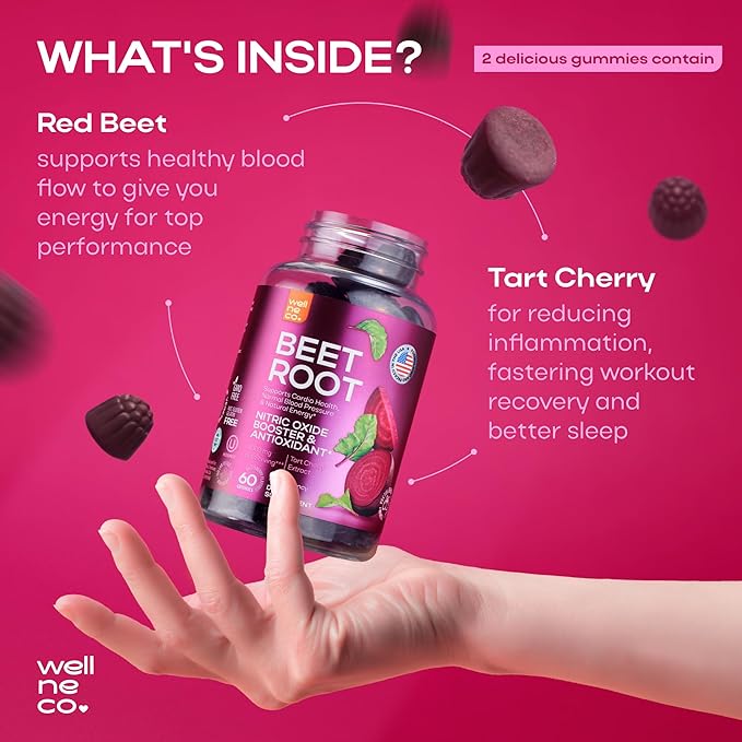 Beet Chews for High Blood Pressure - Beet Root Gummies Made in USA with Tart Cherry - Nitric Oxide Supplements for Energy and Cardio Health - Vegan, No GMO, Pectin Based - for Women and Men