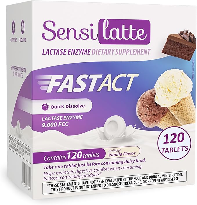 Lactase Enzyme 120 Tablets Vanilla - 9.000 FCC - Sensilatte – Quick Dissolution – Helps with Digestive Comfort – Prati Donaduzzi