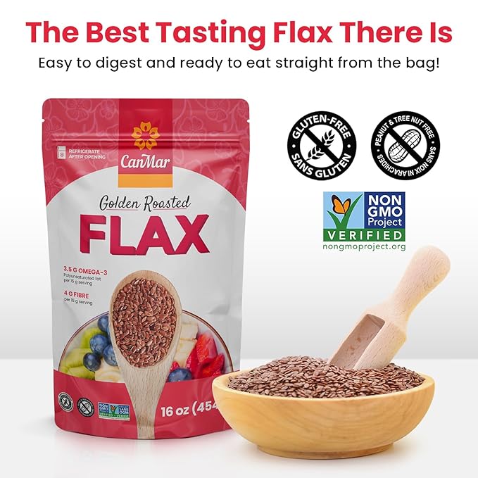 CanMar Golden Roasted Whole Flax Seeds 16 oz (1 lb), Non-GMO, Gluten Free & Vegan, Flaxseed with Omega-3, Fiber, Rich in ALA Fatty Acids and Lignans