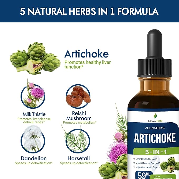 Artichoke Leaf Extract Drops for Liver Detox Cleanse & Repair, Milk Thistle 5-in-1 Natural Herbal Formula, Liver Health Support Supplment w/Dandelion Horsetail, High Absorbtion. 2oz