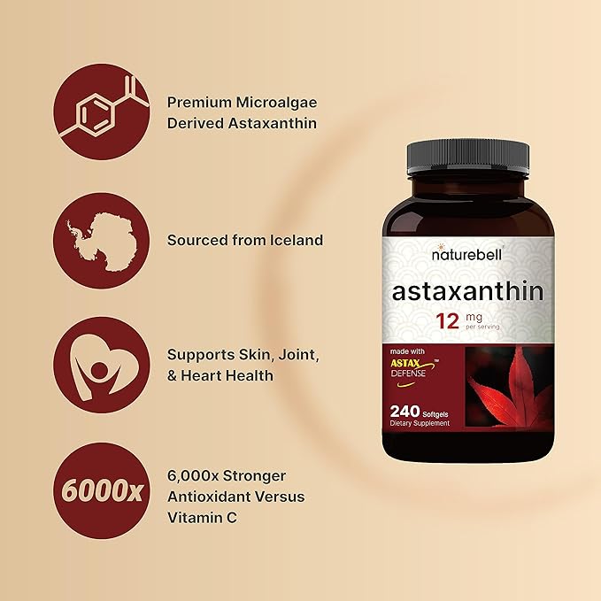 NatureBell Astaxanthin 12mg, 240 Softgels | Natural Antioxidant from Microalgae (AstaX) | Supports Eye, Skin & Cellular Health | Max Strength, 4 Month Supply | Non-GMO, Gluten Free
