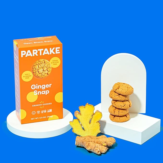 Partake Gluten Free Ginger Snap Crunchy Cookies - Vegan - Free From the Top 9 Allergens Including Dairy, Wheat, Soy, Eggs, & Peanuts - Non GMO - Safe School & Office Snack (6 Pack, 5.5oz Boxes)