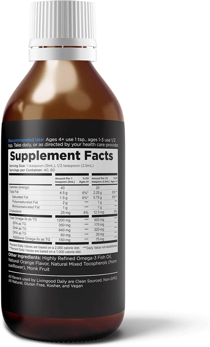 Livingood Daily Liquid Omega 3 Fish Oil, EPA & DHA Supplement with Monk Fruit & Orange Flavor, Supports Heart, Joint & Brain Health, Fish Oil for Men & Women, Non GMO, Gluten Free, 200 ML, 40 Servings