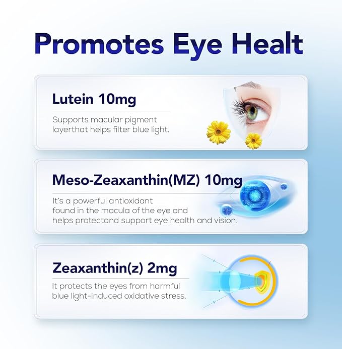 Eye Supplement - Lutein 10mg, Meso-Zeaxanthin 10mg, Zeaxanthin 2mg - Eye Vitamins Supports Vision, Blue Light Protection & Macular Health - Natural Antioxidant Formula | 90 Softgels