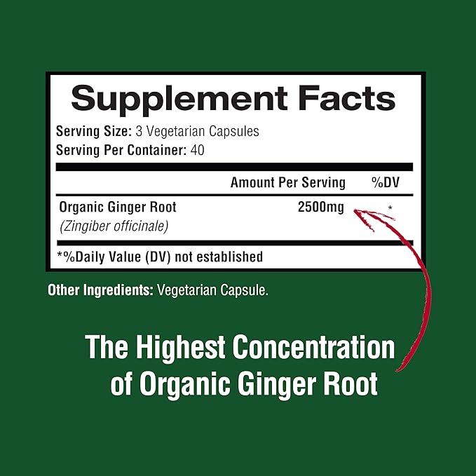 Ginger Root Capsules Made with Organic Ginger Root Powder 2500mg per Serving, Digestive Health Support, Immune Support, Stomach Support, 120 Vegetable Capsule 40 Servings
