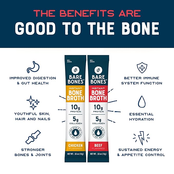 Bare Bones Bone Broth Instant Powdered Mix, Variety Pack, 8 Chicken and 8 Beef, 15g Sticks, 10g Protein, Keto & Paleo Friendly Bone Broth Packets, 16 Total Servings