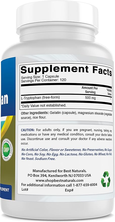 Best Naturals L-Tryptophan 500 mg 120 Capsules (120 Count (Pack of 3))