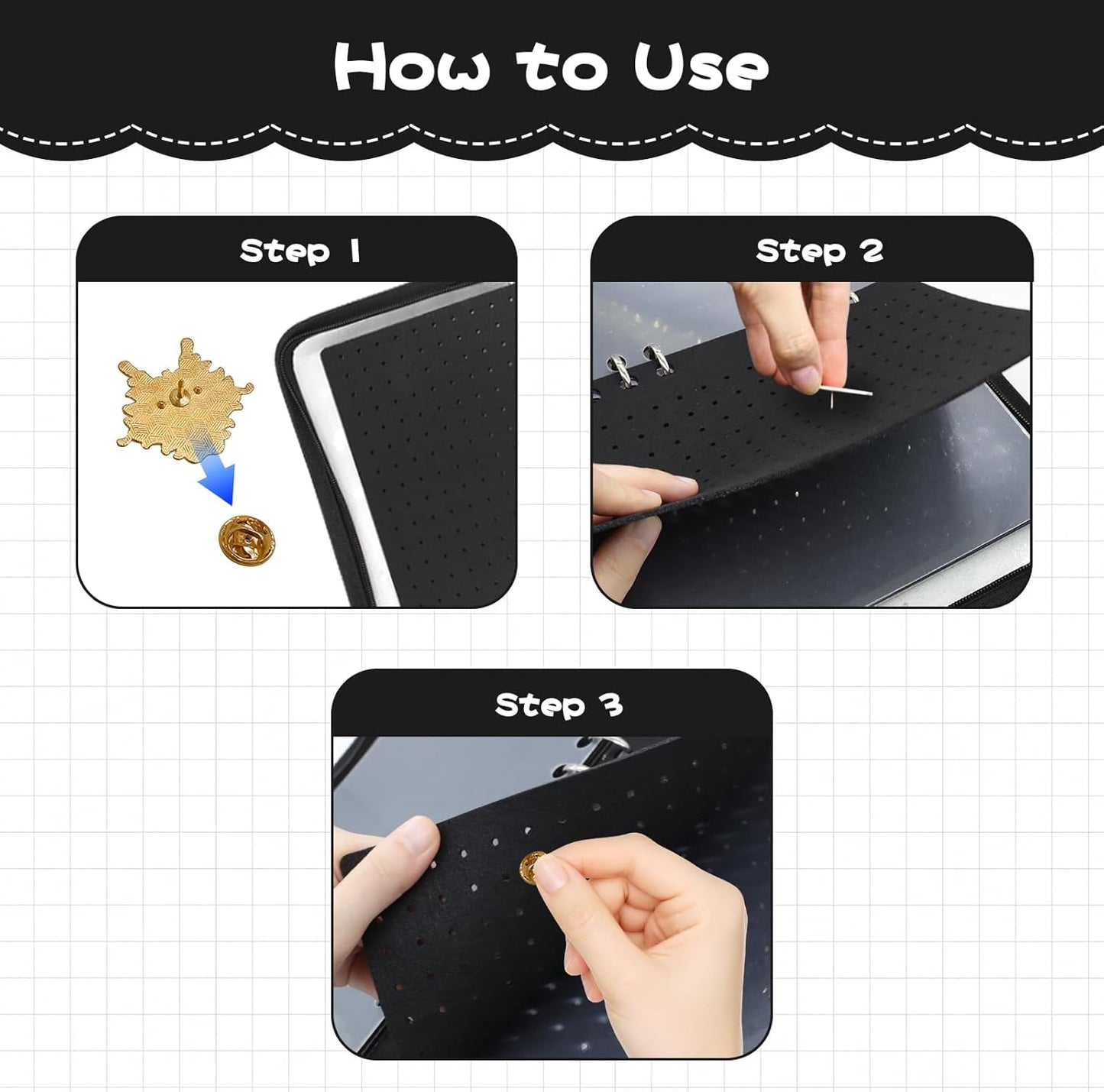 Enamel Pin Display Book - Portable 6 Pages A5 Enamel Pin Collection Holder Trading Book for Storing Pins Brooches Patches, Pin Storage Organizer for Travel Collectors (Black)