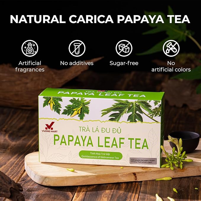 VUONGMART Dried Carica Papaya Leaf Tea, Stevia, 100% Hand Pick, Organic Herbal Tea, 30 Count, Gluten Free, Dairy Free, Sugar Free, Energy Boost & Health Support