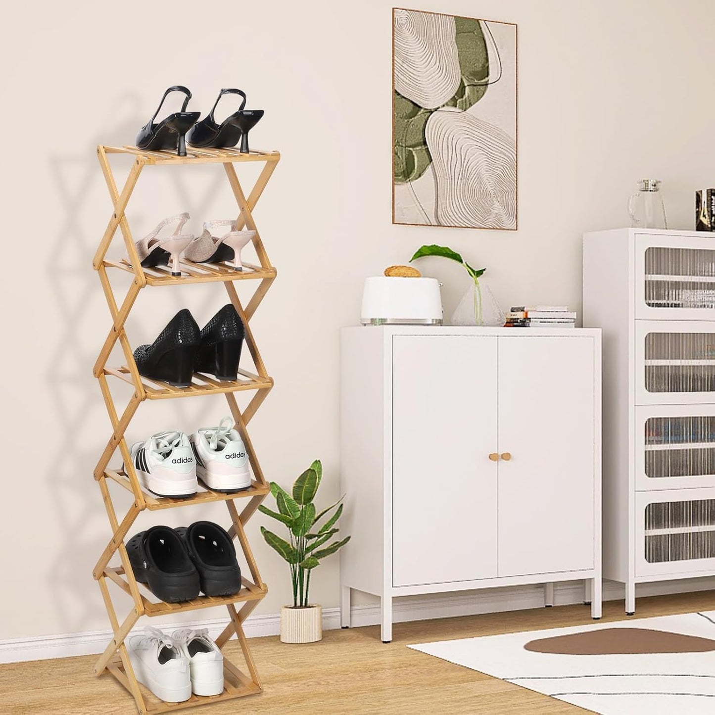 Bamboo Shoe Rack 6 Tier Foldable Shoe Rack Vertical Bamboo Shoe Organizer Free Standing Shelf for Entryway, Closet, Bedroom, Wood Color