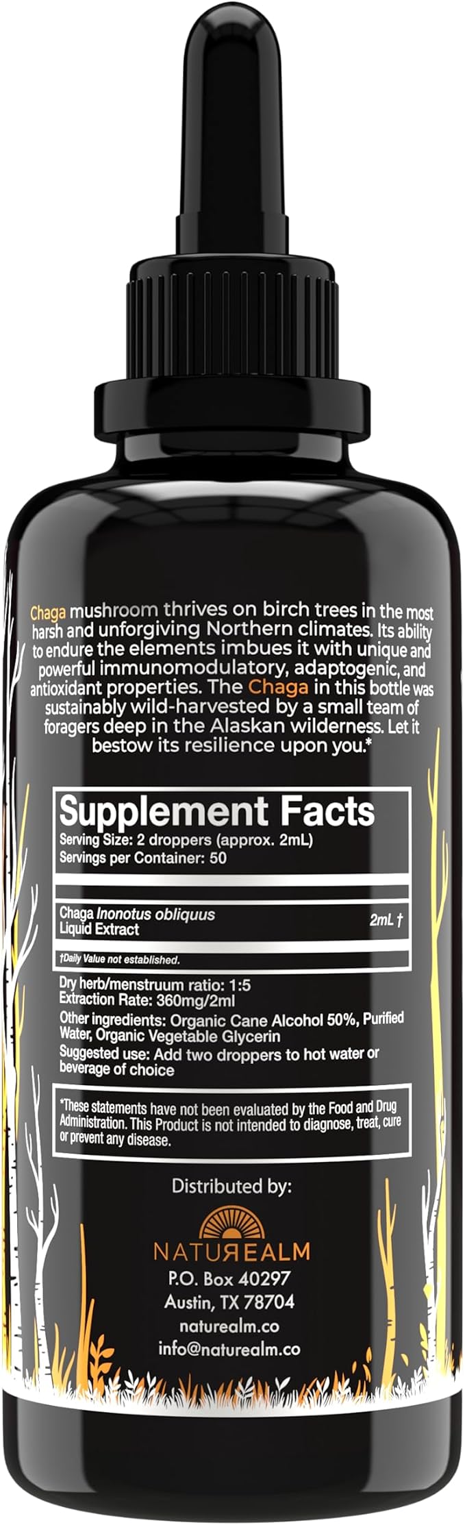 Naturealm Chaga Mushroom Liquid Tincture Supplement – Immune Support, Antioxidant Boost & Hair, Skin, Nail Health, Vegan, Non-GMO – Wild-Harvested Fruiting Bodies, 2 Month Supply