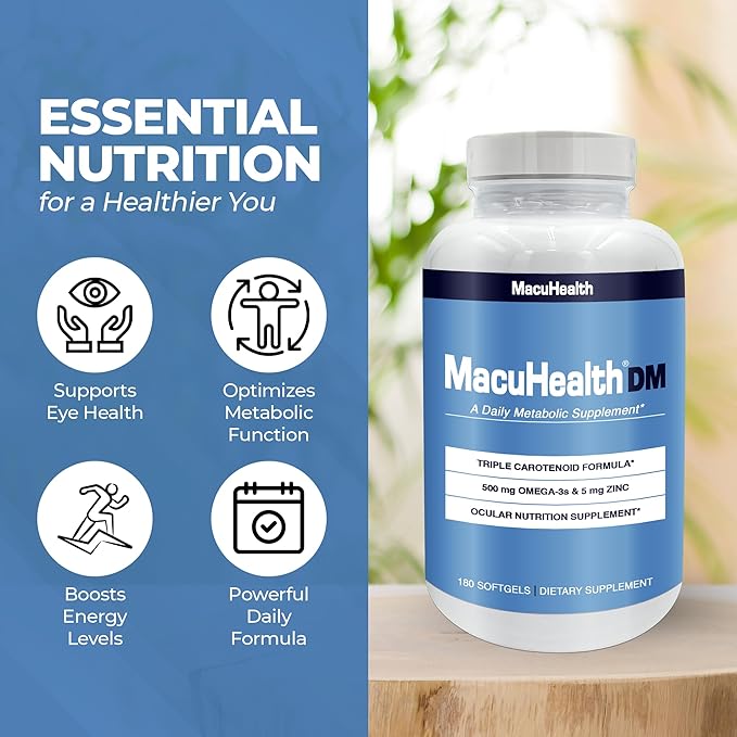Macuhealth Daily Metabolic Triple Carotenoids, with EPA/DHA Omega-3 - Vital Minerals with Zinc – 180 Softgels for Long-Lasting Use