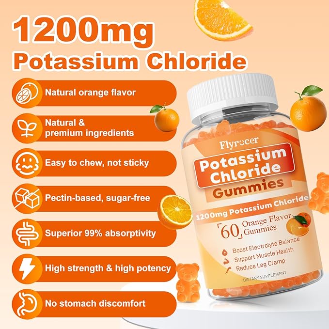 Potassium Gummies, Potassium Chloride 1200mg for Adults, Sugar-Free Potassium Supplement Gummies Support Electrolyte Balance & Leg Cramps for Women & Men, Orange Flavor, Vegan, 60 Count