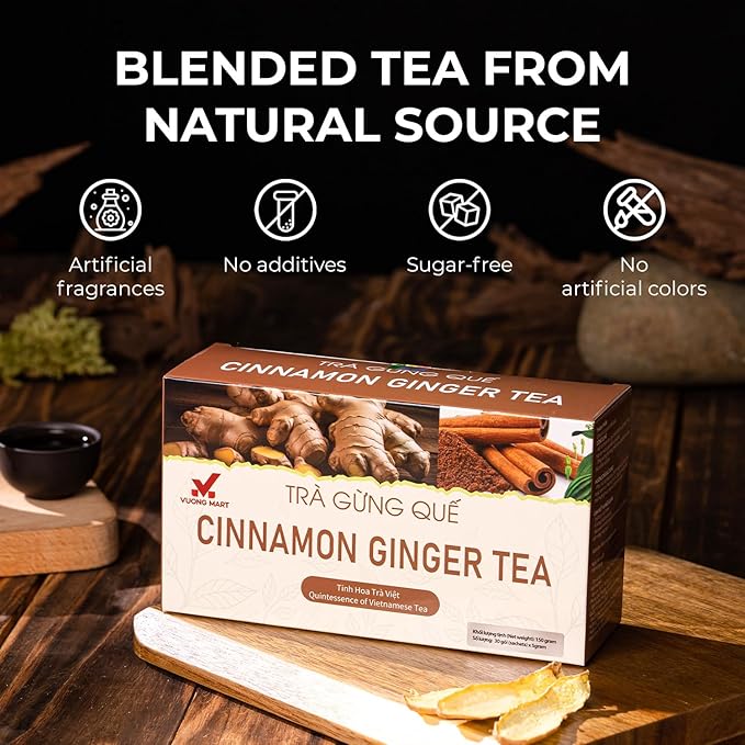 VUONGMART Dried Ginger Cinnamon Tea, 100% Pure & Hand Pick, Organic Herbal Tea, 30 Tea Bags, Gluten Free, Dairy Free, No Sugar Added & Natural, Energy Boost & Health Support