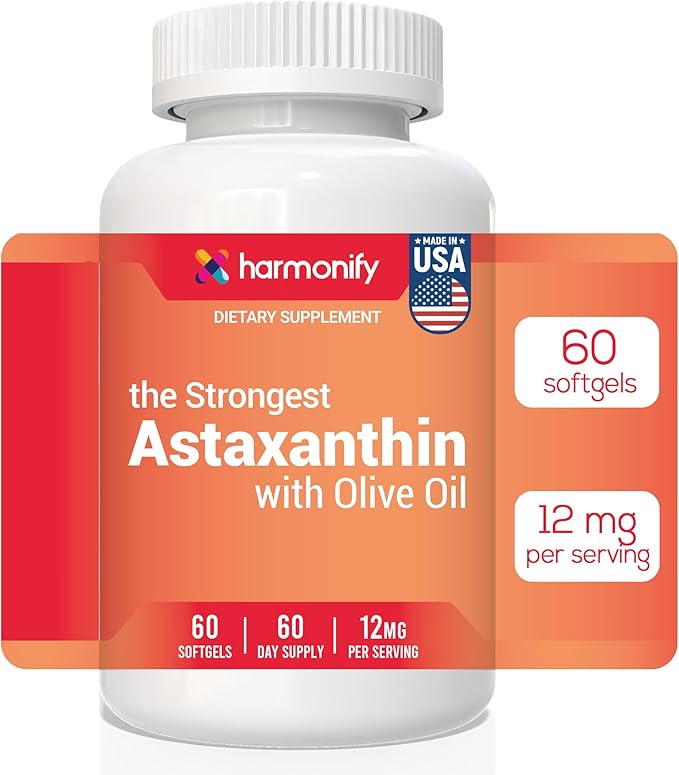 Astaxanthin 12mg, Vegan Supplement with Olive Oil, Microalgae-Based, 60 Softgels