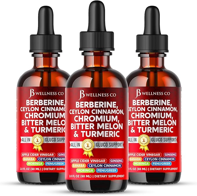 Berberine with Ceylon Cinnamon Supplement Liquid Drops + Bitter Melon Extract, Glucomannan, Gymnema, Chromium, Turmeric, Panax Ginseng, Moringa- 6 OZ