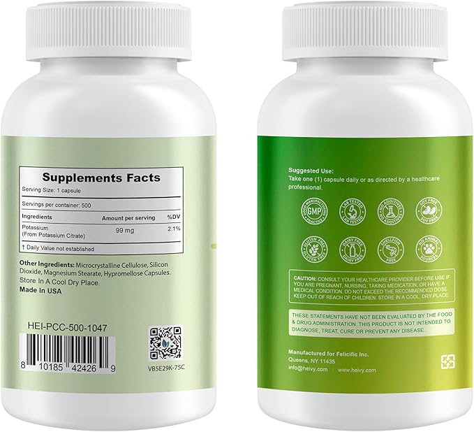 Potassium Citrate 99mg – 500 Capsules | Potassium Supplement for Electrolyte Support | Vegan, Gluten-Free| Lab Tested | Made in USA