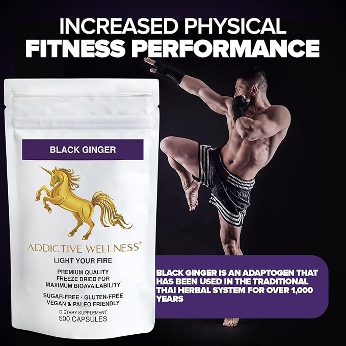 Addictive Wellness Black Ginger Capsules 450mg, Kaempferia Parviflora Supplement to Support Energy, Metabolism, Endurance & Performance, Thai Black Ginger for Men, Vegan & Paleo, 500 Count