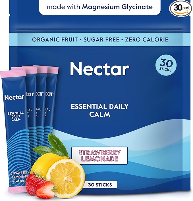 Nectar Calm Magnesium Glycinate Drink Mix - Sugar Free & Zero Calorie - with Organic Ashwagandha, Vitamin D, L-Theanine, Hydrating Electrolytes - Relax, Focus & Calm (Strawberry Lemonade 30 Sticks)