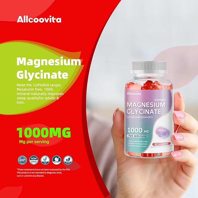 Magnesium Glycinate Gummies 1000mg - Sugar Free Magnesium Potassium Supplement with Vitamin D, B6, CoQ10 for Calm Mood & Sleep Support - 120 Strawberry Gummies