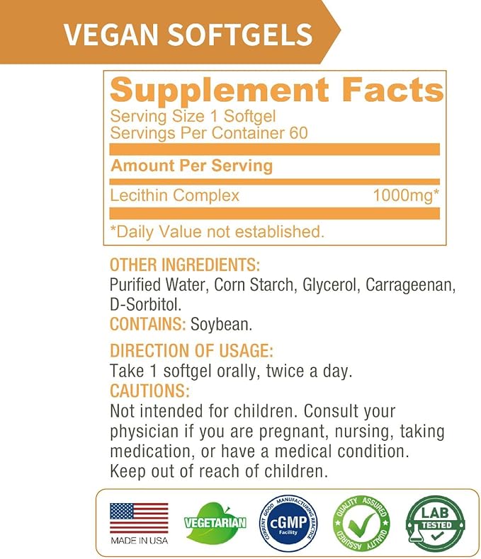 Lovita Lecithin, 1000mg per Softgel, 35% Phosphatidyl Choline | Lactation, Brain & Nerve Support | Vegan, Non-GMO, 60 Softgels (Pack of 3)