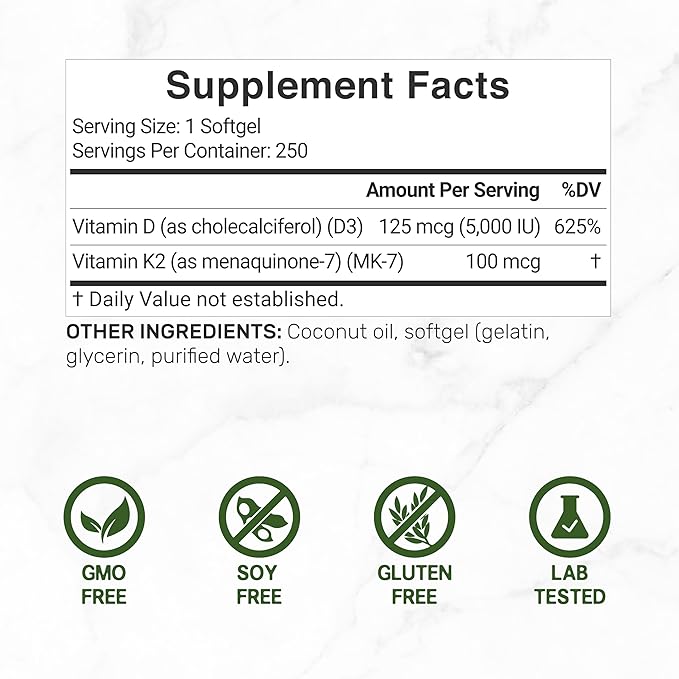 DEAL SUPPLEMENT Vitamin D3 5,000 IU + K2 MK7 100mcg Softgels | 2-in-1 Complex with Virgin Coconut Oil | Supports Heart, Bone, Teeth & Immune Health | Easy to Swallow