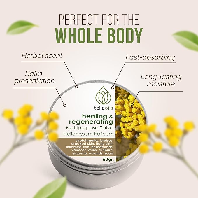 Teliaoils Helichrysum Italicum Multipurpose Salve | Helichrysum Oil | Soothing & Hydrating Relieving Balm | Irritated Skin, Stretch Marks, Varicose Veins & Wrinkles | Adults & Kids | 1.7oz/ 50gr |