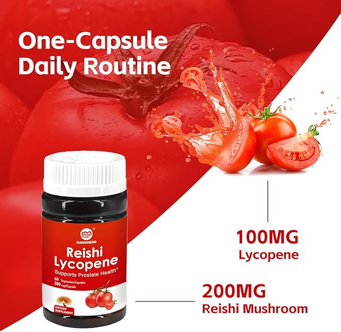 Lycopene Supplement 100mg, Natural Tomato Extract with Reishi Mushroom 200mg, Mushroom Capsule for Immune Health, Gluten-Free, Non-GMO, Vegan, 60 Rapid Release Capsules