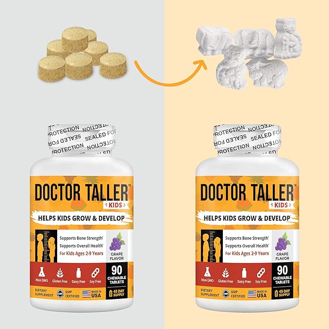 Doctor Taller Kids - Kids Multivitamins, Toddler Vitamins - Support Bone Strength, Enhanced Immunity with Calcium, Multivitamins for Ages 2 to 9 - Grape Flavor - 90 Vegan Chewable Tablets | 3 Pack
