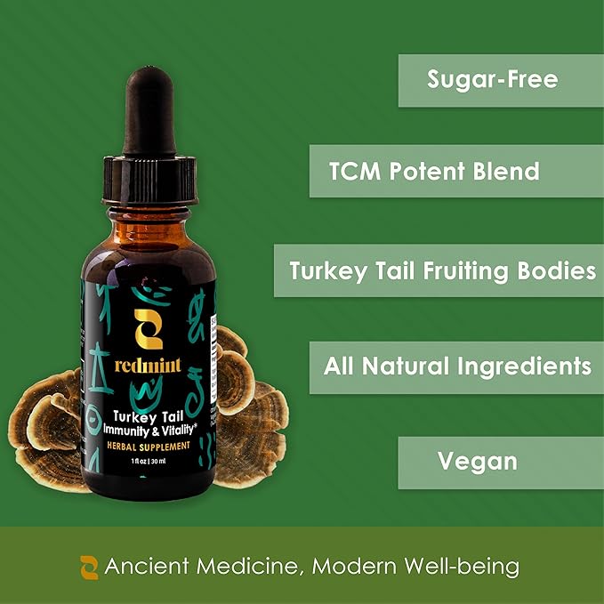 Redmint Turkey Tail Mushroom Herbal Tincture -Immunity & Vitality | Rooted in Ancient TCM Wisdom | Turkey Tail Extract for Immune Support and Digestive Health | Organic Mushroom Supplement | 1 Fl oz