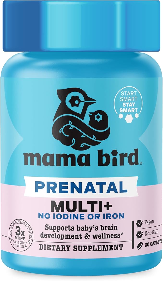 Best Nest Wellness Mama Bird Prenatal Multi Plus Iodine & Iron Free - Prenatal Vitamin for Brain & Digestive Health - Vegan Multivitamin with Methylfolate, Probiotics & More - 30 Caplets w/Gift Bag