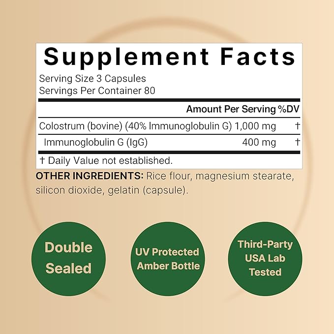 NatureBell Bovine Colostrum Supplement 1,000mg Per Serving, 240 Capsules | 40% IgG Colostrum Powder for Gut Health, Bloating, Skin, Hair & Immune Support – Non-GMO