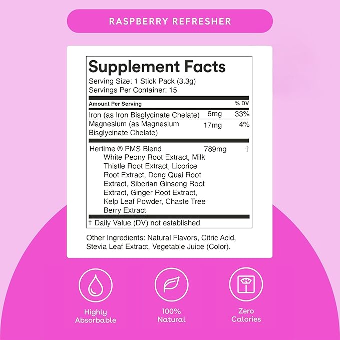Hertime PMS - Supports Hormonal Health for Women - Supports a Healthy Menstrual Cycle - with Minerals, Peony Roots, Siberian Ginseng - Sugar-Free - 15 Drink Packets - Raspberry Lemonade