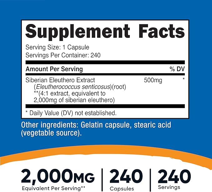 Nutricost Siberian Eleuthero 500mg, 240 Capsules - Eleutherococcus Senticosus - Gluten Free & Non-GMO
