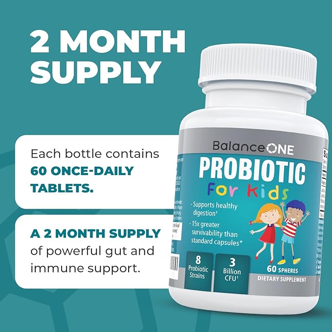 Balance ONE Time-Release Kids Probiotic – Up to 15x Better Survivability – 3 Billion CFU – Gut & Digestive Support for Children – Sugar Free, Easy to Swallow, 2 Month Supply