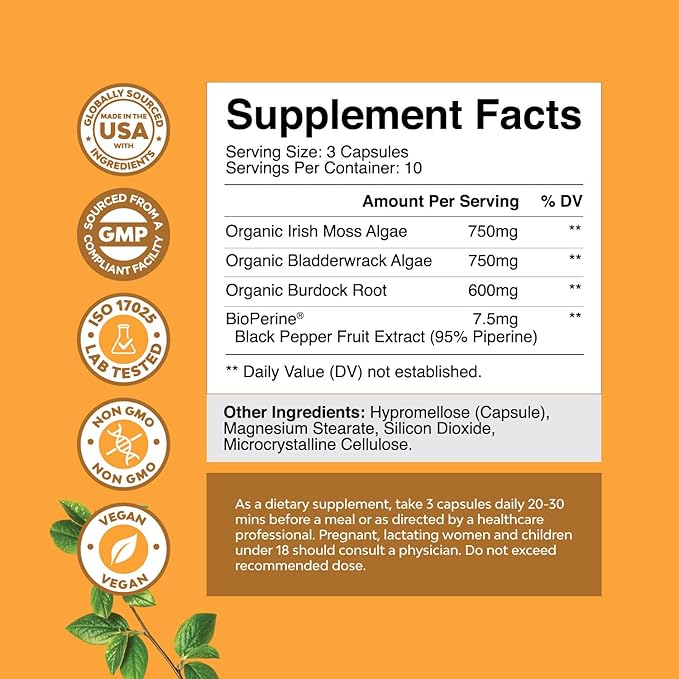 Organic Irish Sea Moss Capsules - Sea Moss and Bladderwrack Capsules with Burdock Root Superfood Blend for Immune Support Heart Health Fertility Joint Health and Thyroid Support for Women and Men